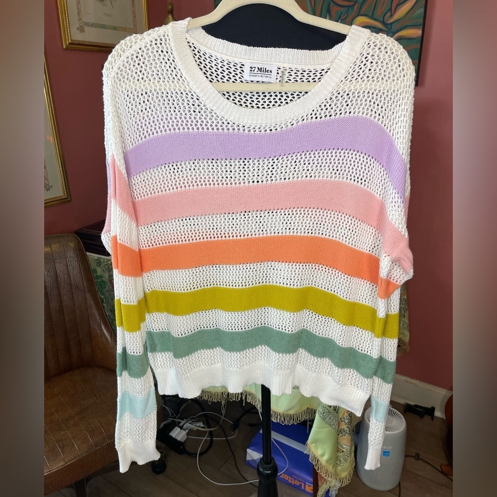 27 Miles Cotton Lightweight Striped Wide Neck Crew Sweater Small Retail $225.